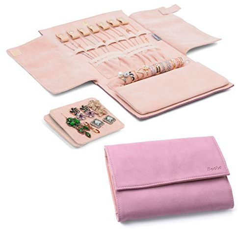 Becko US Jewelry Organizer Roll Travel Jewel Bag case for Multiple Necklaces, Rings, Bracelets, Supple Leather & Suede, Large Capacity Without Crease, Lightweight, Portable & Practical (Pink)