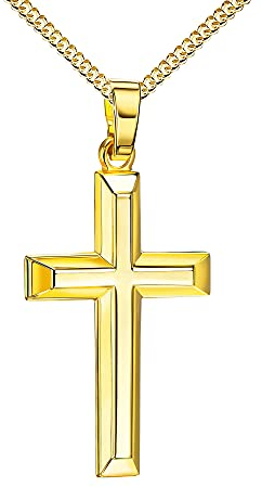 Kreuzkette Kreuzanhänger 585 Gold für Damen und Herren Hochglanz poliert mit 3D-Effekt als Kettenanhänger + Schmuck-Etui Mit Kette - Kettenlänge 45 cm.