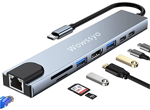 Wowssyo Hub USB C Ethernet 8 in 1, Docking Station USB C，Multiporta USB Hub, HDTV 4K, PD 100 W, USB 3.0, SD/TF, USB-C, Adattatore MacBook M1 Air Pro, per iPad, Switch, Chromecast, Cellulare e altro