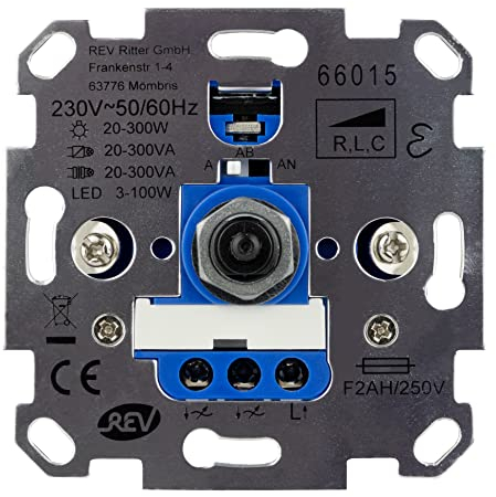 REV TECHNIK - Regulador de intensidad con detección de carga LED y bombillas convencionales, 3-300 W, 230 V, color plateado