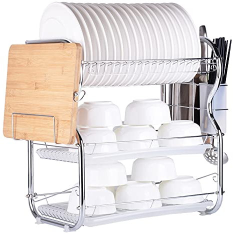 Escurreplatos de 3 niveles, escurreplatos de apoyo, 3 niveles, acero inoxidable, escurreplatos de fregadero, estante para tabla de cortar con bandeja antigoteo, multifunción desmontable