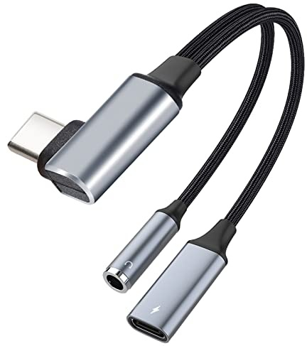 AXFEE USB-C till 3,5 mm, 2-i-1 typ C-hörlursadapter och laddare, digital ljudhörluradapter, högupplöst DAC-adapter, kompatibel med Samsung Galaxy S22, S21, S20, Ultra Note | USB C till snabbladdning aux-ljud, högupplöst DAC-adapter, kompatibel med Samsung Galaxy S22, S21, S20, Ultra Note(90°)