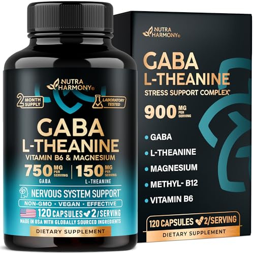 GABA L-Theanine 900 mg - Made in USA - Magnesium | Vitamin B6 - Calm, Sleep, Relaxation & Mood Support - 750 mg Gamma AminoButyric Acid, 150 mg L-Theanine - Non-Habit Forming, Vegan - 120 Capsules