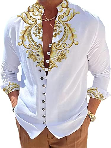kewing Chemise à Boutons à Manches Longues pour Hommes Chemises baroques à col Montant et à Fleurs royales Chemises à Boutons spéciales Outdoor Street Blouse Henley Shirt