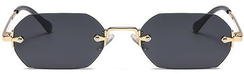 Ggpyyon Lunettes de soleil rétro rectangulaires sans monture pour homme et femme tendance en métal doré polygone Lunettes de soleil sans monture, Or/Gris