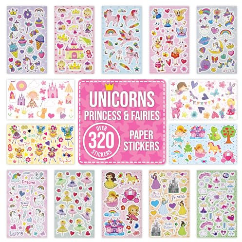 Unicorn Stickers for Scrapbooking, Crafting, Decorating - Over 320 Self Adhesive Paper Stickers 14 Designs - Party Bag Fillers for Kids, Girls - Princess, Fairy, Rainbow Sticker Pack