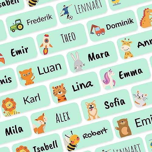 Namensaufkleber für Kinder (54 Stk. 30x13 mm) - Wasserfeste Namensschilder für Kleidung, Textilien und Gegenstände - Optimal für Kita, Kindergarten und Schule - Schöne Motive personalisierbar