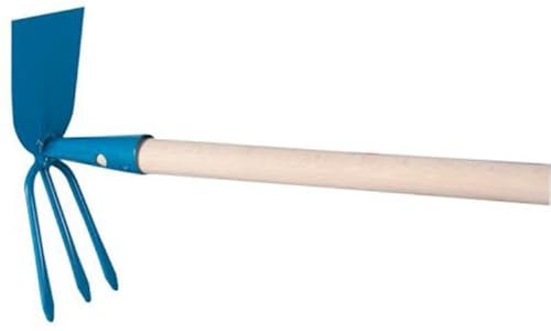 Azada de jardín doble con 3 dientes, acero al carbono, mango de madera, 118 cm