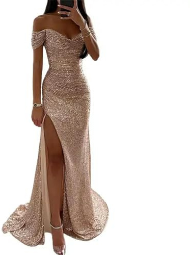 Gyios dress Off-shoulder Gown Dress Elegant Sequin V-neck Maxi Dress For Evening Party Prom Off Shoulder Slim Split Long Dress-c-s