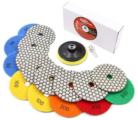 BRSCHNITT Dry Diamond Polishing Pads Set 4 Inch Grit 50x3/100x2/200/400/800 - Dry Polish Pad Kit 8pcs for Granite Marble Concrete Quartz Marble Floor Polishing Plus a M14 Plastic Backer and Adapter
