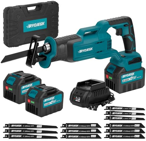 RYOJEGK 21V Brushless Reciprocating Saw,2×6.0Ah Battery Cordless Power Sawzaw 28mm 3500 SPM High-Performance Saws with 12 Saw Blades, Recíproca for Heavy-Duty Materials Cutting Wood Metal & PVC