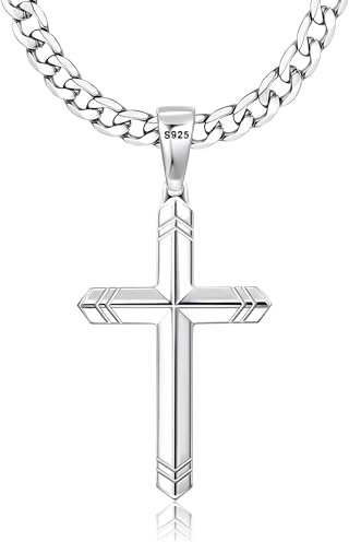 FIOROYAL 925 Sterling Silver Cross Necklace for Men Women, 5MM Durable Stainless Steel Diamond Cut Cuban Link Curb Chain with Silver Cross Pendant, Mens Cross Crucifix Necklaces Jewelry 16-30Inches/18