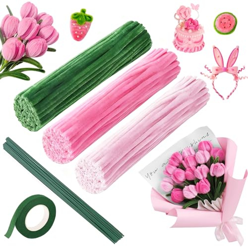 UNIANE 300 stycken piprensare, 20 stycken grön hantverkstråd, tejp, piprensare för hantverk, rosa tulpanbukett, böjande plysch 30 cm piptråd