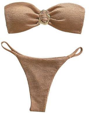 SHENHE Women's Strapless Brazilian Thong Bikini Set Metal Ring 2 Piece Bandeau Tube Swimsuits Coffee Brown Medium