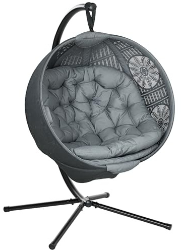 Outsunny Outdoor Hanging Chair, Swing Chair with Metal Stand, Thick Padded Cushion, Foldable Basket and Side Pocket, for Indoor and Outdoor, Charcoal Grey