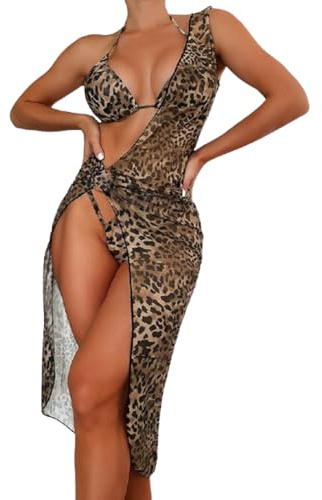 BSLVWG Ensemble de Bikinis 3 pièces pour Femmes avec Couverture Longue Sexy léopard Sling Bikini Top Triangle Maillot de Bain (FR/ES, Alpha/Lettres, Grand, Taille Normale, Taille Normale, léopard)
