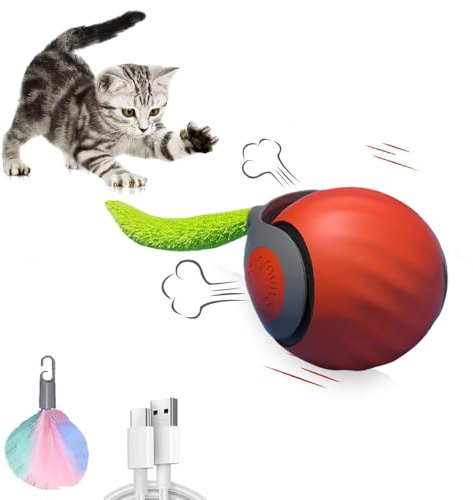 Qosigote 2025 Jouets Interactifs pour Chats, Jouet Intelligent pour Chat, Jouet pour Chien, Balle Roulante Automatique pour Chats Et Chiens, Soulage L'anxiété (Rouge)