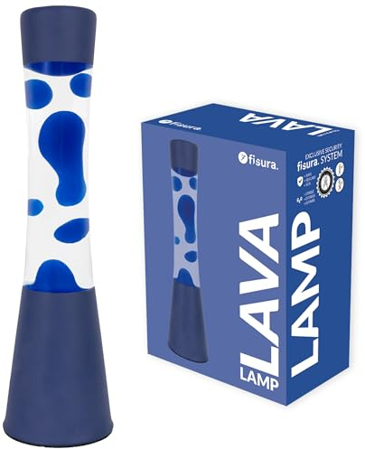 Fisura - Lampada a lava blu. Base e lava blu con liquido trasparente. Effetto rilassante. Con lampadina di ricambio. Dimensioni: 11 cm x 11 cm x 39,5 cm.