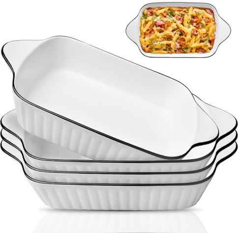 Lot de 4 plats à gratin en céramique - 26,5 x 14,7 x 4,6 cm - Plat à lasagnes avec poignée en céramique - Blanc émaillé - Petit moule à four rectangulaire pour four, lasagnes, pâtisserie, plats à