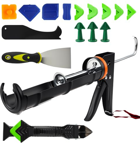17-teiliges Kartuschenpresse Set,Silikon-Kartuschenpistole,Silikon Spritzpistole Profi Kartuschenpresse,Werkzeug zum Entfernen von Dichtungsmasse,für Badezimmer, Küche, Boden, Fenster,Spülbeckenfugen