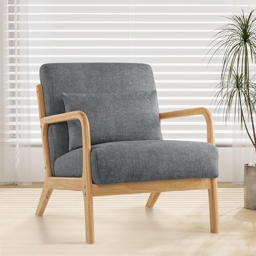XH.Easy Go Modern Accent Chair with Pillow, Comfy Armchair with Wood Frame,Upholstered Mid-Century Reading Lounge Arm Chair for Living Room Bedroom,Darkgrey