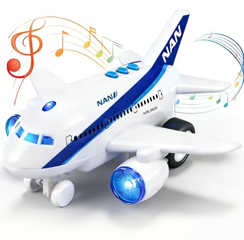Airplane Toys for Toddlers, Electric Toy Aeroplane for 3 4-7 8 Boys, 360° Rotating Planes Toy with LED Lights & Sounds, Bump and Go Aircraft for Kids Birthday Gifts Cake Toppers Airforce Party Favors