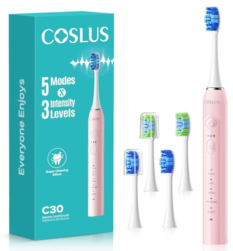 COSLUS Cepillo de Dientes Eléctrico Sónico: 5 Modos y 3 Niveles de Intensidad para Dientes Sensibles - Ruido Bajo - 2 Tipos de Cabezales para El Hogar y La Familia-Rosa