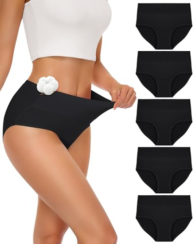 SIMIYA 5 Pack Women's Knickers, High Waisted Ladies Cotton Knickers Comfy Stretchy Full Briefs Women Multipack Slight Tummy Control Pants 5XL Black