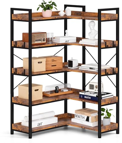GTPLAYER 5-Tier Corner Bookshelf, L-Shaped Metal Frame Shelf with Tall 14 Shelves, Plant Stand and Storage Rack for Small Spaces, Living Room and Home Office, Rustic Brown