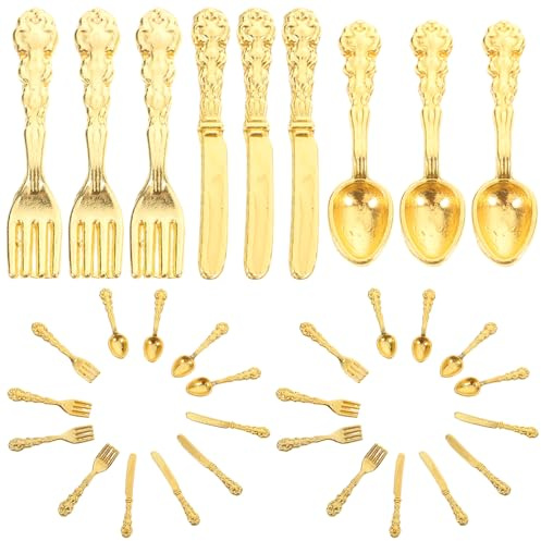 HOOTNEE Set 36 Pezzi Mini Posate e Stoviglie in Miniatura per Casa delle Bambole Accessori da Pranzo Giocattolo in Materiale Durevole Colore Oro Micro Stoviglie per Gioco