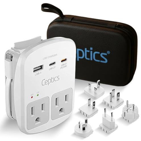 Ceptics 35W Universal Travel Adapter Kit – 2 USA sockets, USB-A, USBC, 1x PD 35W USB-C and USBC Cable, Surge Protected, Plugs for EU, UK, China, AU, Japan - for Laptop, Phone, Camera-ETL Tested