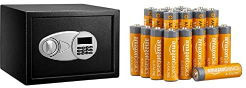 Amazon Basics - Caja fuerte (14L), color negro + Amazon Basics - Pilas alcalinas AA 'Performance' (Paquete de 20)