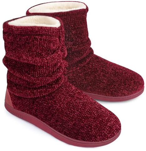 LongBay Women's Chenille Knit Bootie Slippers Cute Plush Fleece Memory Foam House Shoes (Medium / 7-8 B(M), Wine Red)
