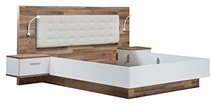 Forte Modern Way Bett, Liegefläche 180 x 200 cm, Holzwerkstoff, Stabeiche Dekor Kombiniert mit Weiß Matt, 296,5 x 119,7 x 210 cm