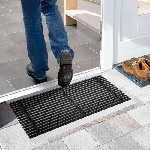 Nicoman Negro - Felpudo de Puerta de Aluminio con Tira de Cepillo, Resistente Barrera de Suciedad y tramposo