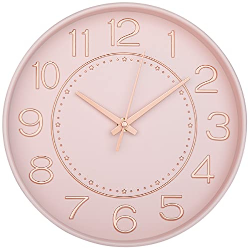 HZDHCLH 25cm Modern Quartz Lautlos Wanduhr Arabisch Ziffer Schleichende Sekunde ohne Ticken für Dekoration Wohnzimmer, Küche, Büro, Schlafzimmer（Rosa）