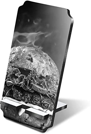 Destination Vinyl Ltd 1 x 5mm MDF Mobile Phone Stand - BW - Flaming Burger Food Grill Wooden Stand Holder for Mobile Phone, Smartphone #38601