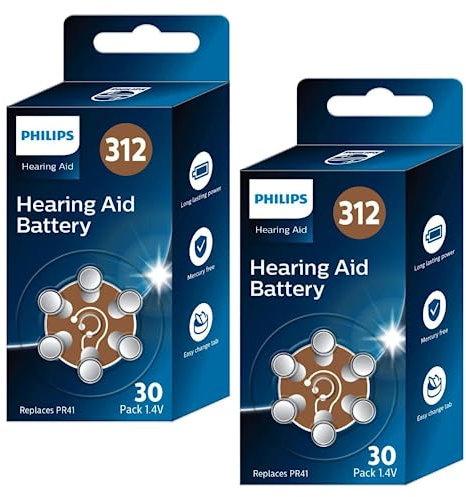PHILIPS x60 Pilas 1.4V para Audífonos 312 (Hearing Aid Battery) ZA312BX30/00, Tecnología Premium Zinc Air, Batería de Larga Duración, Pestaña Abre-Fácil, Tipo PR41 (60 Unidades) Color Marrón