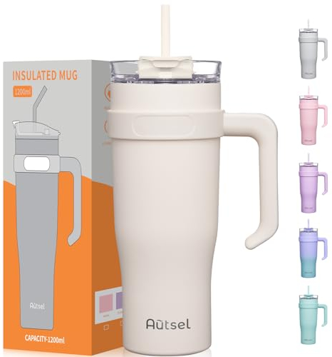 Autsel 40oz Trinkbecher mit Deckel und Strohhalm,1200ml Thermobecher mit Strohhalm und Henkel, Doppelwandiger Edelstahl Vakuum Isolierbeche Kaffeebecher to Go, Tragbare Auto Becher