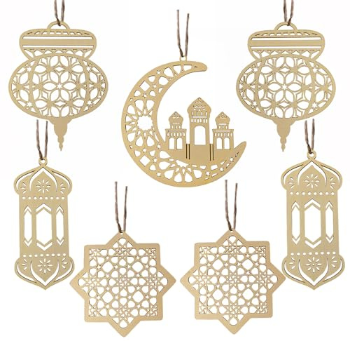 Jsdoin Ramadan Decorations for Home, 7pcs Wooden Pendant Moon Star Wind Light Shape Eid Decorations