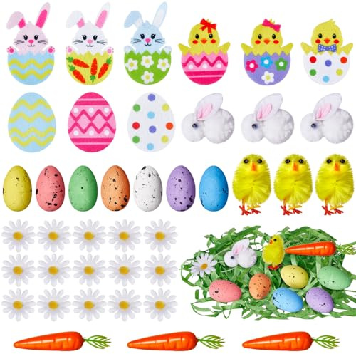 Threan 44 Pcs Easter Bonnet Decorations Kit DIY Make Your Own Easter Bonnet Crafts Set Easter Bunny Carrots Daisies Eggs Chick Green Raffia Decorative Accessories for Easter Bonnet Hat Decorations
