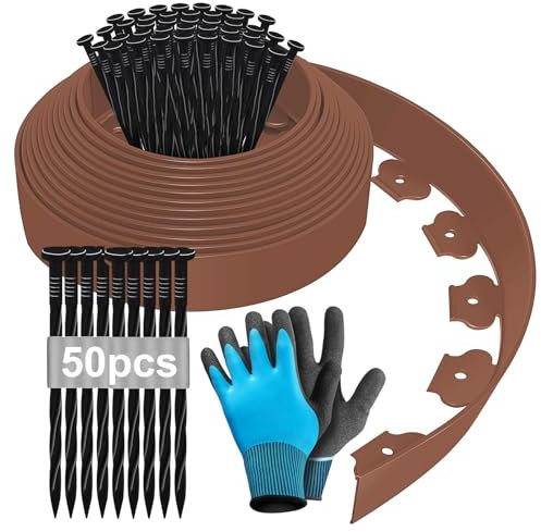 Bordura per Aiuola, Bordura per Giardino 10m x 5cm, Bordature da Giardino, Bordure per Aiuole, Bordo per Aiuole, Bordatura Aiuole Giardino, Bordo Giardino Flessibile con Guanti e 50 Unghie - Marrone