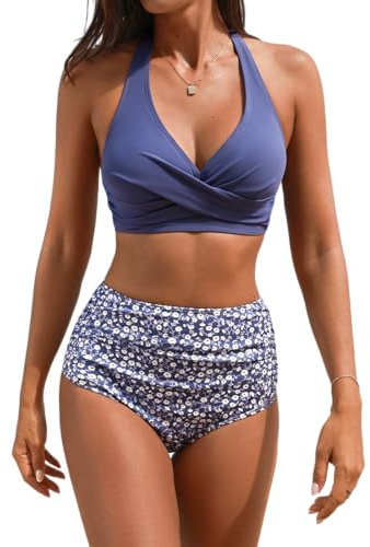 CUPSHE Women's Bikini Sets High Waisted V Neck Halter Wrap Ruched Back Hook Textured Two Piece Lavender Purple/Ditsy M