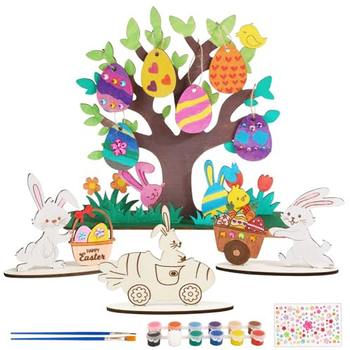 BOFUNX 4pcs Ornamenti Pasquali Legno Fai da Te Artigianato in Legno di Pasqua Coniglietto Pasquale in Legno Decorazioni Pasquali per Bambini DIY per Costruire e Dipingere