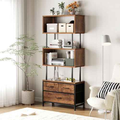 Coleshome Shelves, Book Shelf with 5 Shelves, Bookcase with 3 Fabric Drawers, Shelf Unit Suitable for Bedroom, Office, Living Room, Kitchen, 60 x 24 x 155cm, Vintage Colours