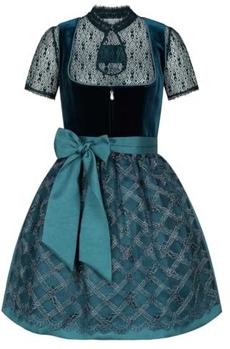 Steigenhöfer Manufaktur Dirndl dam i set – Franziska – setet innehåller klänning, blus och förkläde – midi Dirndl med 60 cm kjollängd – fin sammetsoptik och pärlapplikation på klänningen och blusen