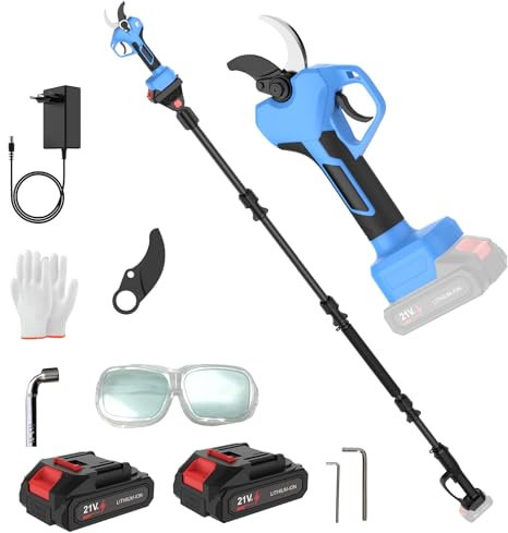 Podadora eléctrica con poste telescópico de 2 m, podadora eléctrica inalámbrica con 2 × 1500 mAh Baterías, 1000 W Motor sin escobillas y pantalla, diámetro de corte de 40 mm, para jardines, ramas