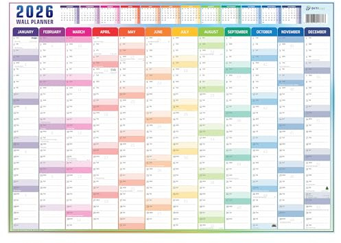 Wall Planner 2026 A2 (59 x 42 cm) Full Year Jan–Dec | Rainbow Design | UK & Ireland Bank Holidays | 170 GSM Silky Paper | Home Office School University | British Made | Folded