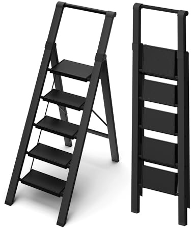 BEFITMACE 5 Step Ladder, Lightweight Folding Step Stool withConvenient Handgrip,Aluminum 330lbs Capacity Step Ladderfor Office,Household,Kitchen(Black)