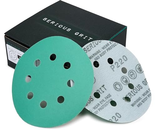 Serious Grit Sanding Discs 5 Inch 8 Hole 220 Grit - Heavy-Duty Hook & Loop Wet Dry Film Sandpaper Discs - Very Fine Sand Paper for Random Orbital Sanders - Wood, Automotive, Metal, etc - 50 Pack Box
